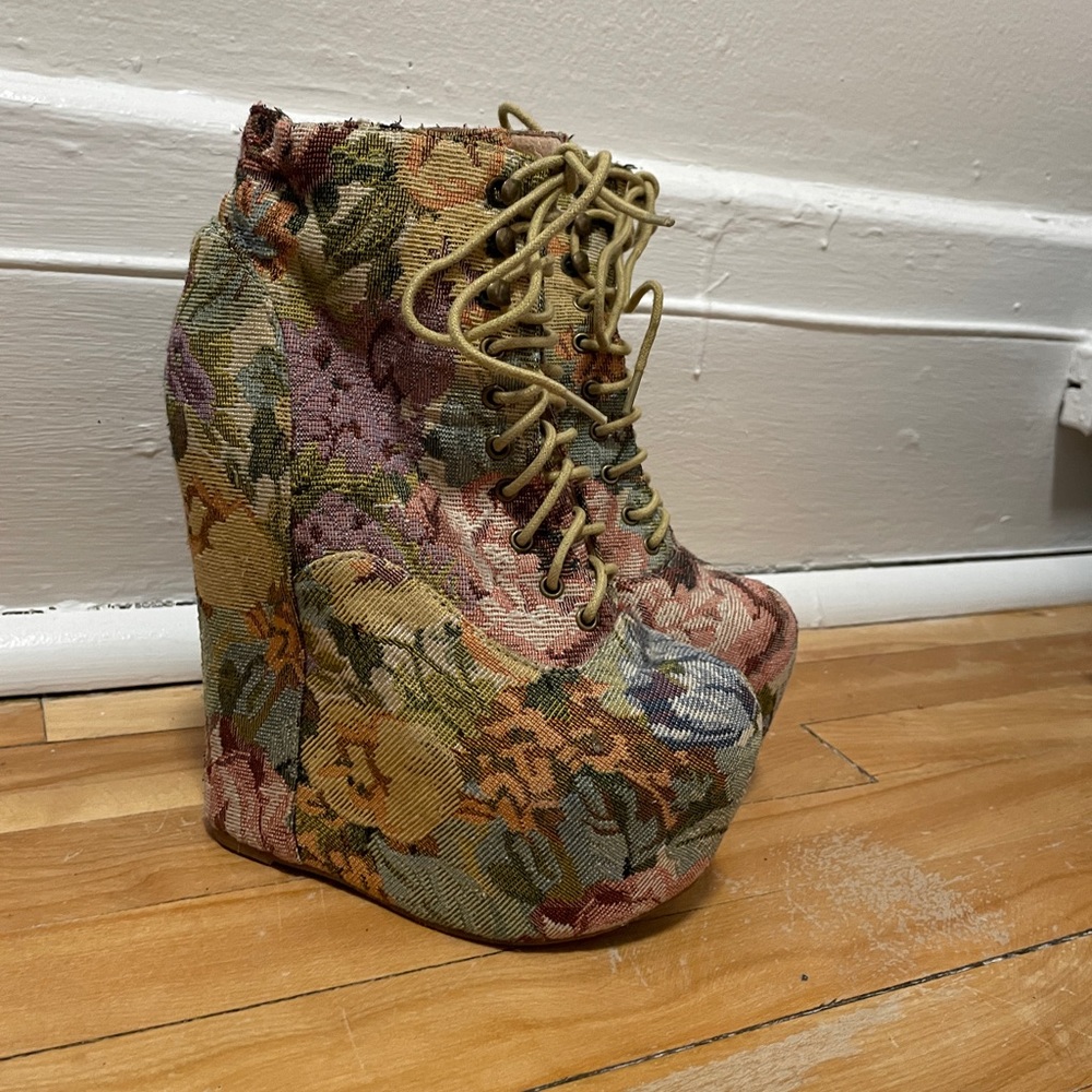Jeffrey Campbell Tapestry Print platform shoes.